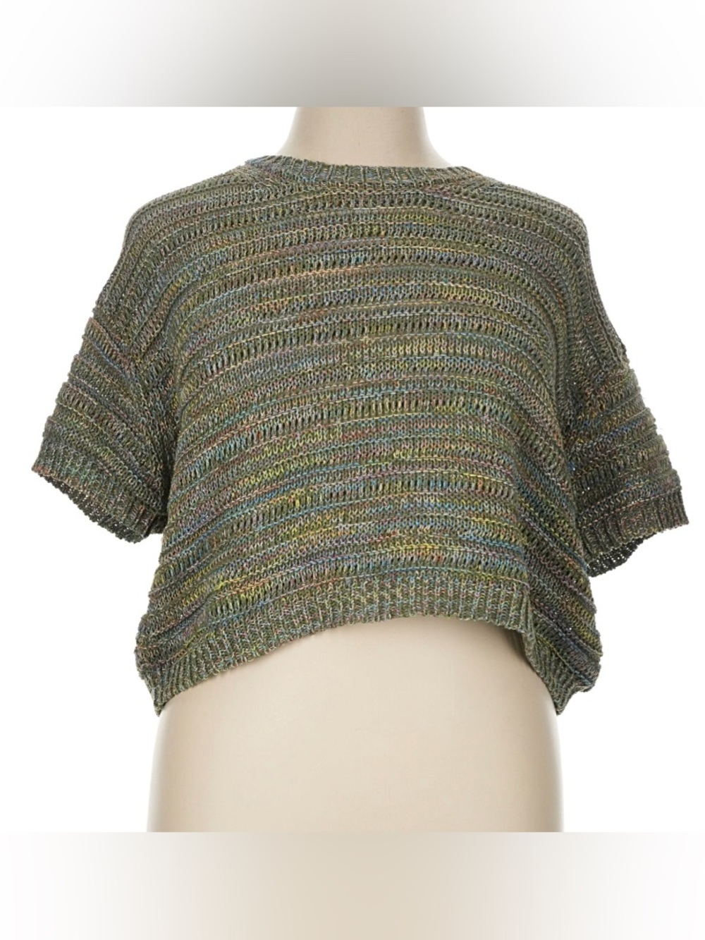Stitches + Stripes Cropped Short-Sleeve Knit Sweater in Olive Multi